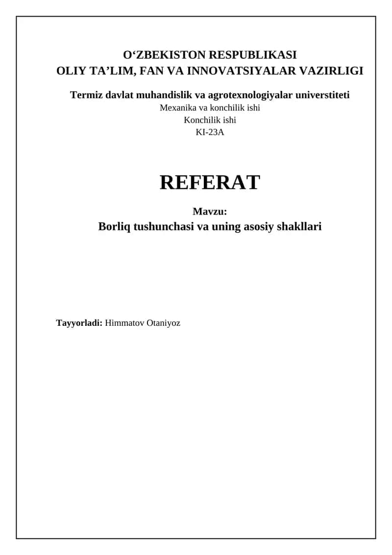 Borliq tushunchasi va uning asosiy shakllari
