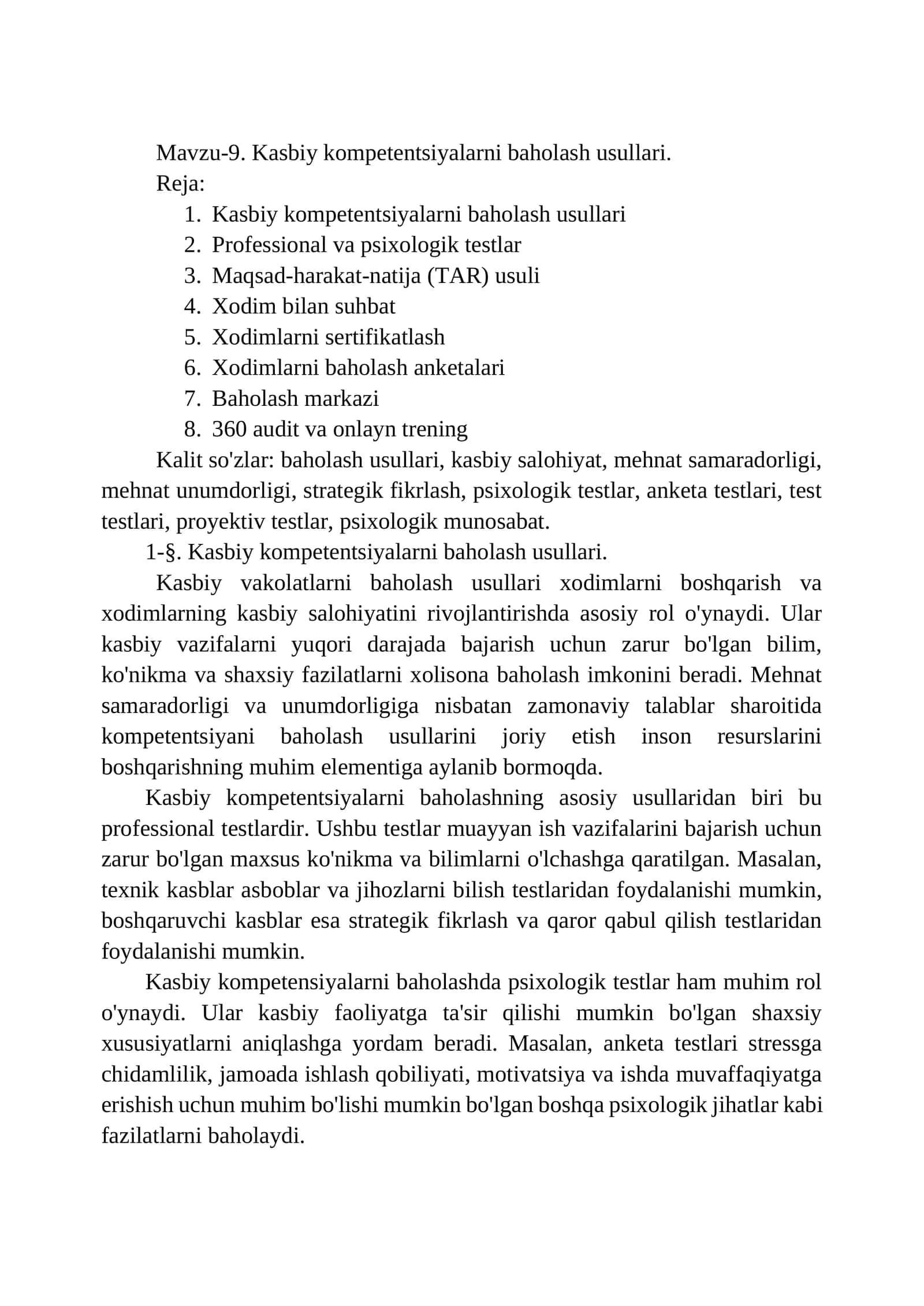 Kasbiy kompetentsiyalarni baholash usullari