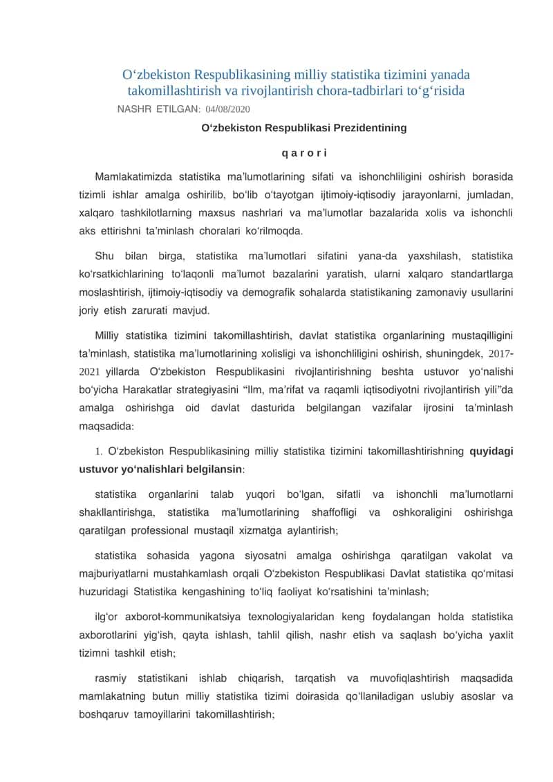 Milliy statistika tizimini yanada takomillashtirish va rivojlantirish chora-tadbirlari