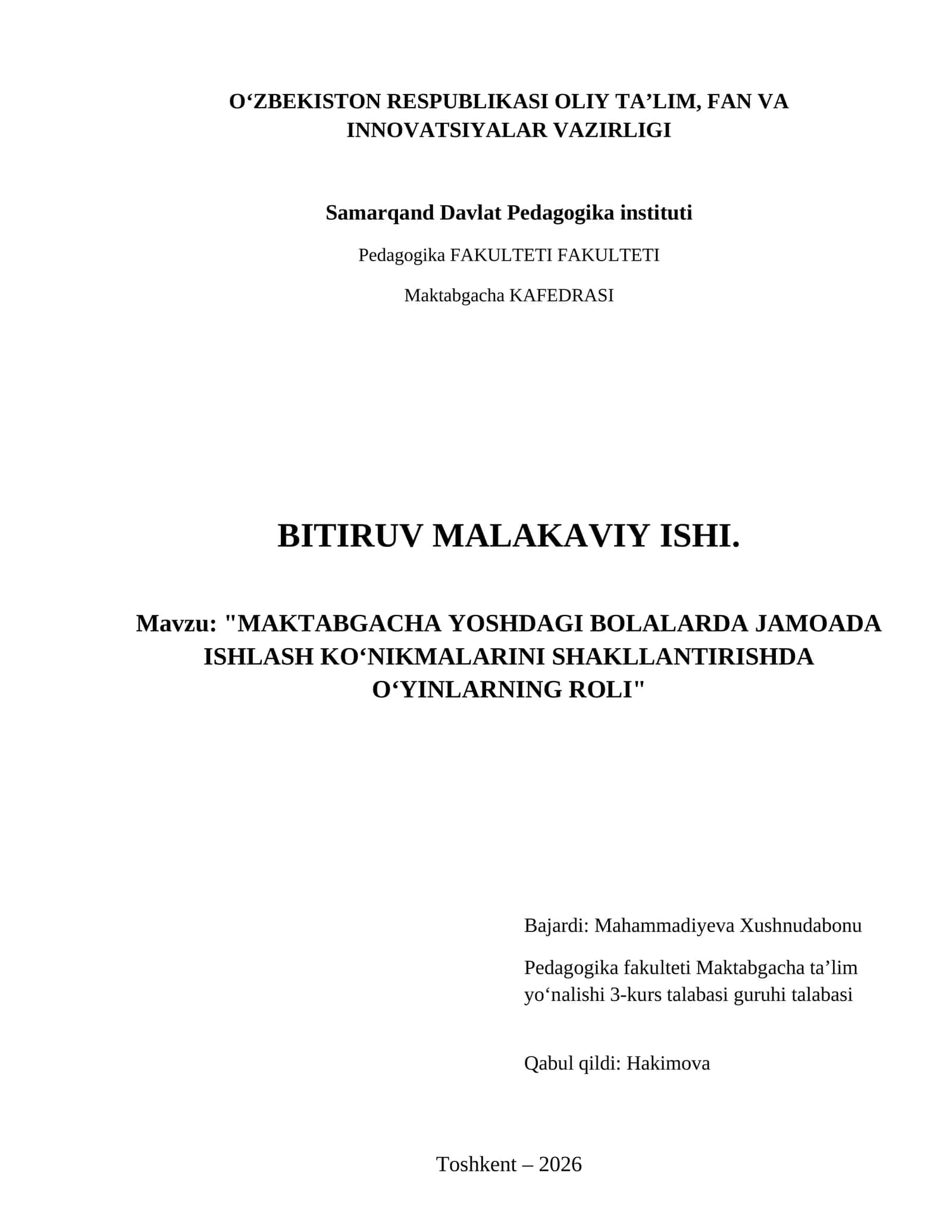 Maktabgacha yoshdagi bolalarda jamoada ishlash ko‘nikmalarini shakllantirishda o‘yinlarning roli