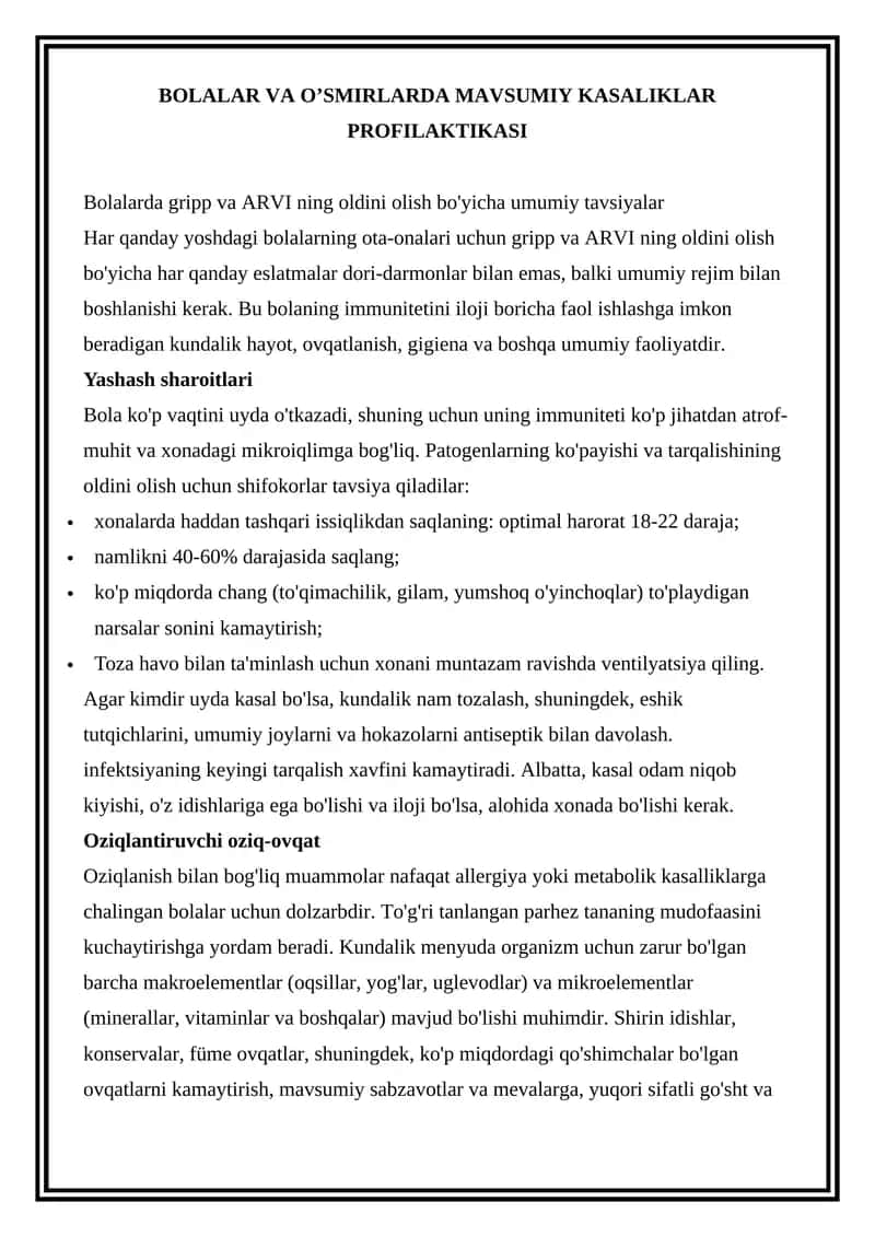 Bolalar va O’smirlarda Mavsumiy kasaliklar Profilaktikasi
