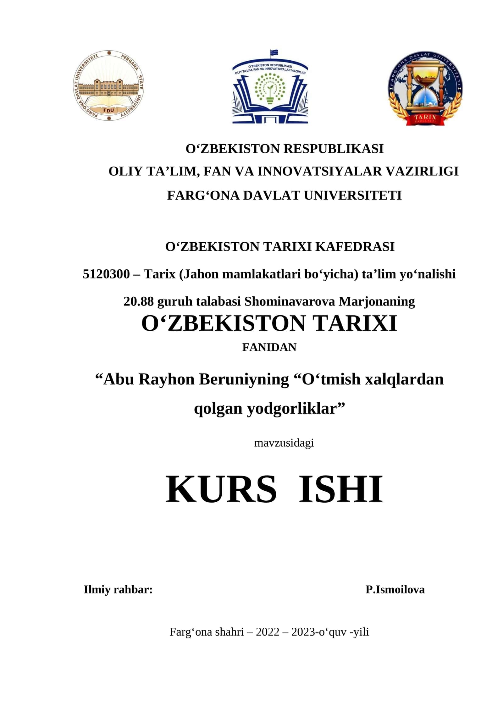 “Abu Rayhon Beruniyning O‘tmish xalqlardan qolgan yodgorliklar” KURS ISHI