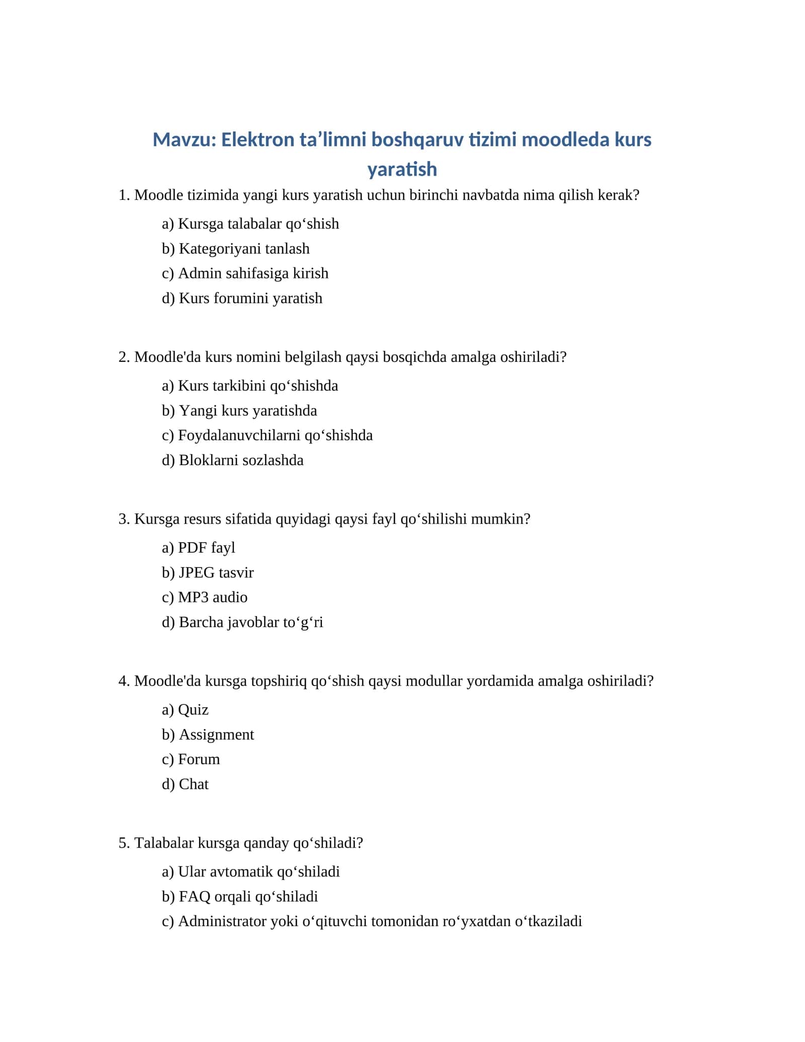 Elektron taʼlimni boshqaruv tizimi moodleda kurs yaratish