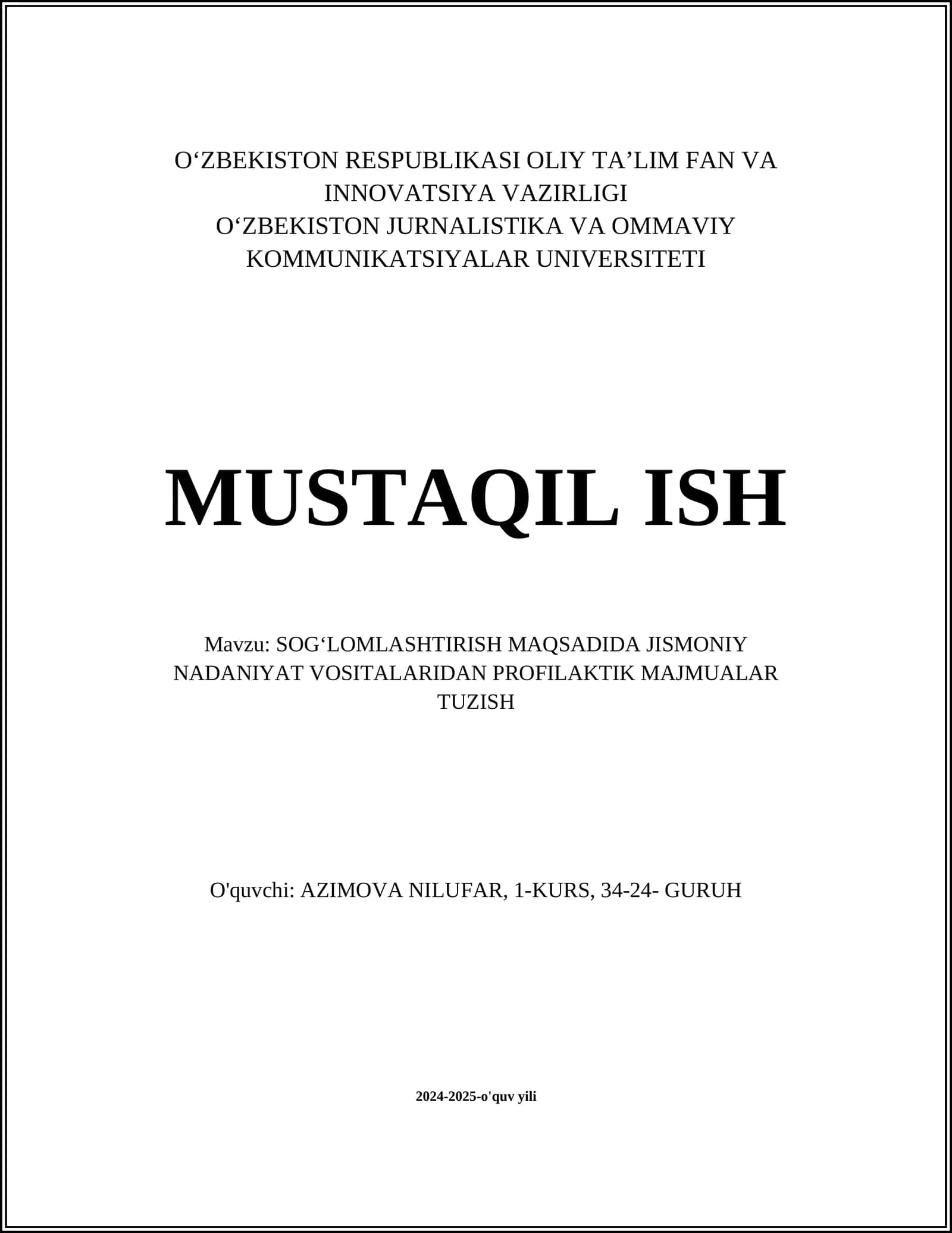 SOGʻLOMLASHTIRISH MAQSADIDA JISMONIY NADANIYAT VOSITALARIDAN PROFILAKTIK MAJMUALAR TUZISH