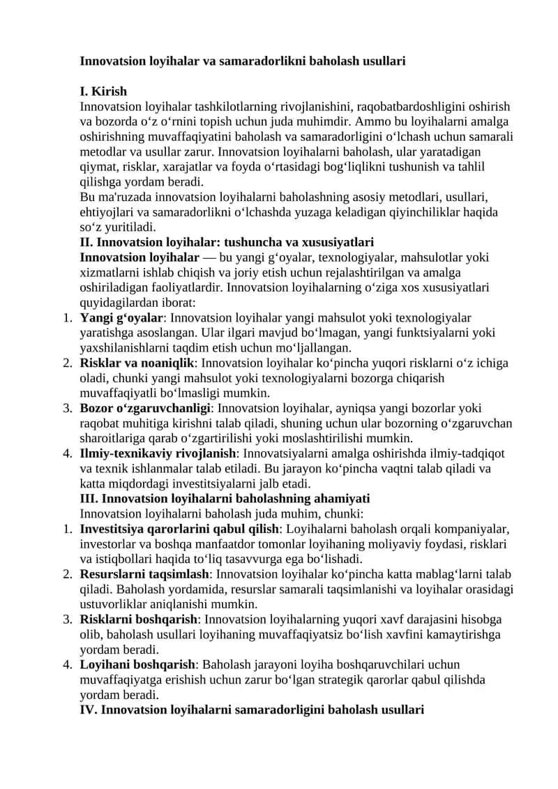 Innovatsion loyihalar va samaradorlikni baholash usullari