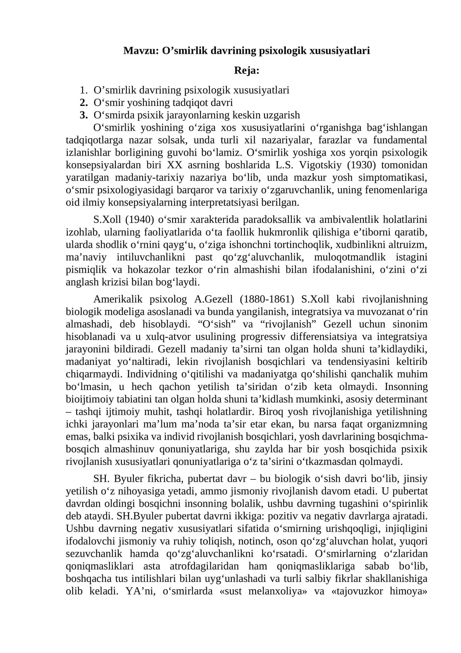 O’smirlik davrining psixologik xususiyatlari