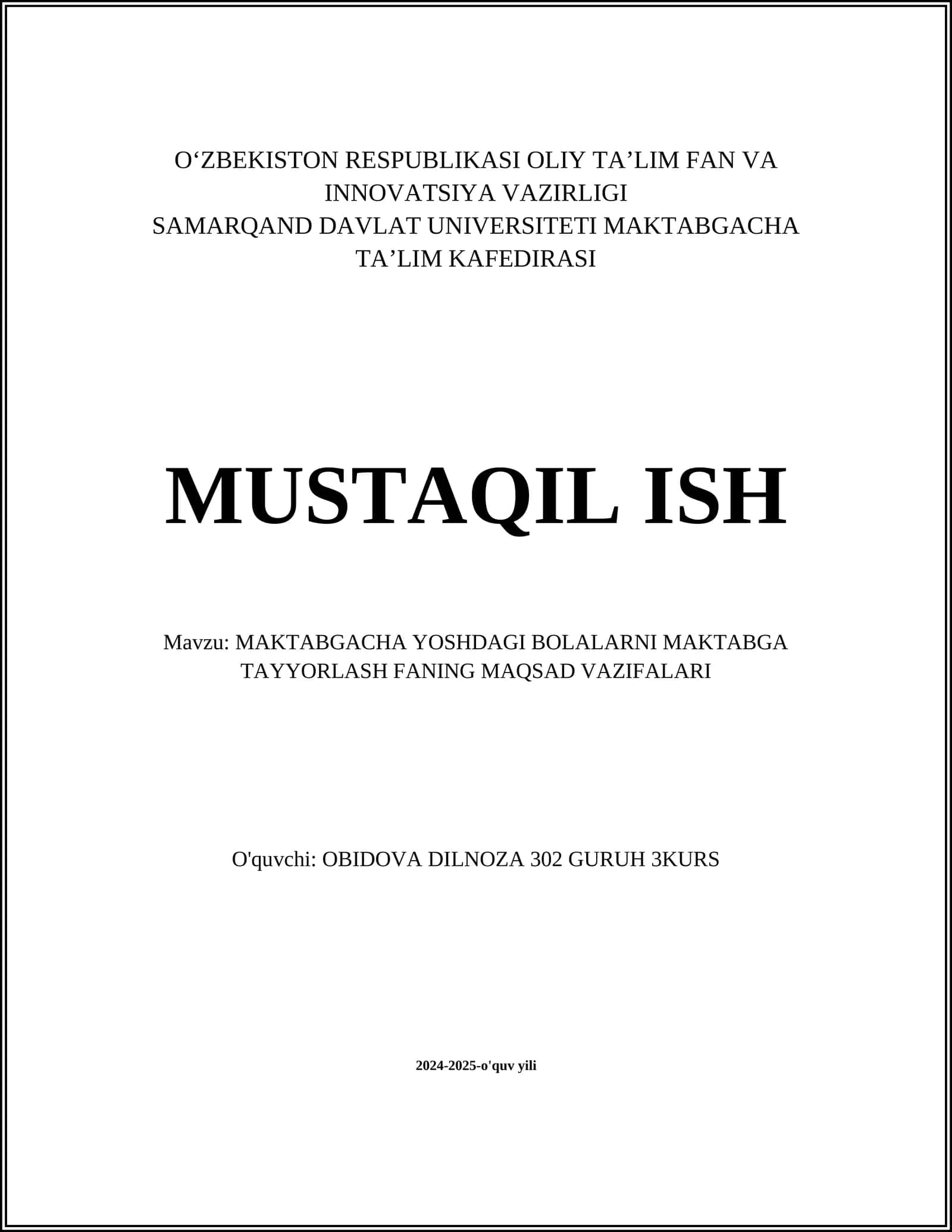 MAKTABGACHA YOSHDAGI BOLALARNI MAKTABGA TAYYORLASH FANING MAQSAD VAZIFALARI