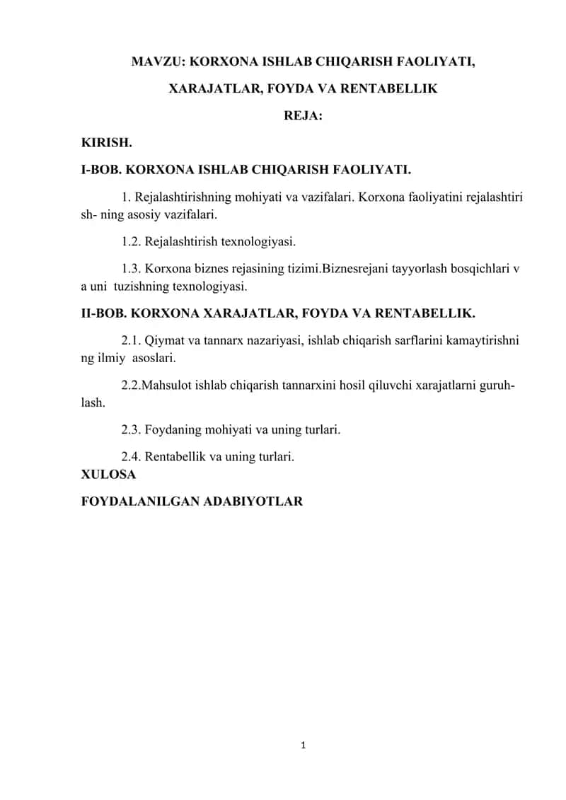 Korxona ishlab chiqarish faoliyati