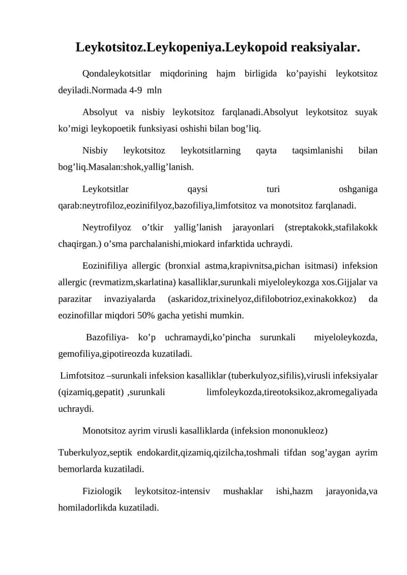 Leykotsitoz.Leykopeniya.Leykopoid reaksiyalar