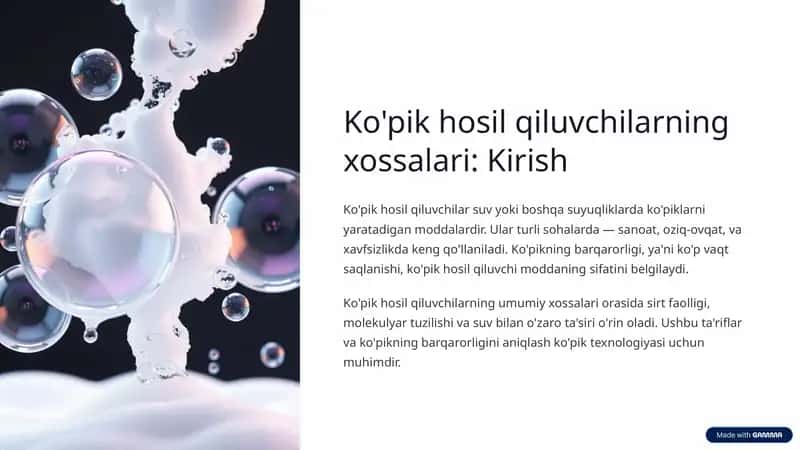 Ko'pik hosil qiluvchilarning xossalari Kirish