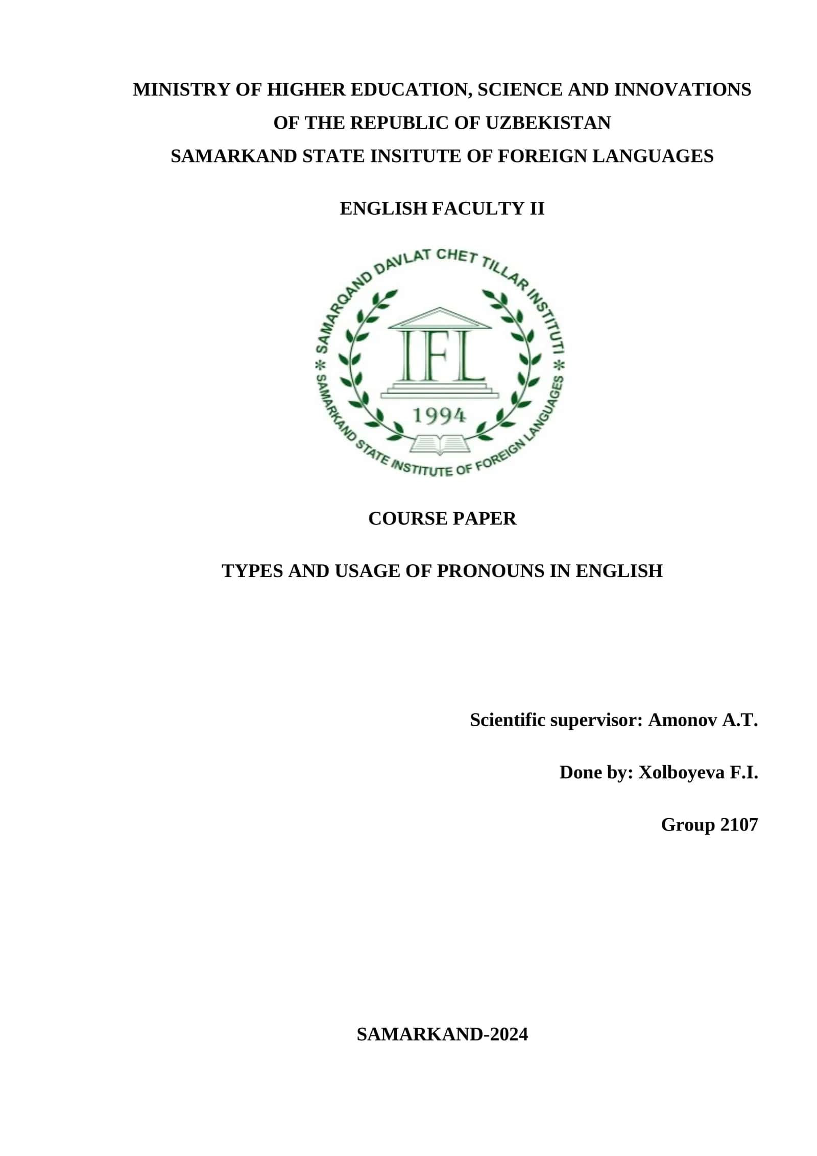 COURSE PAPER: TYPES AND USAGE OF PRONOUNS IN ENGLISH