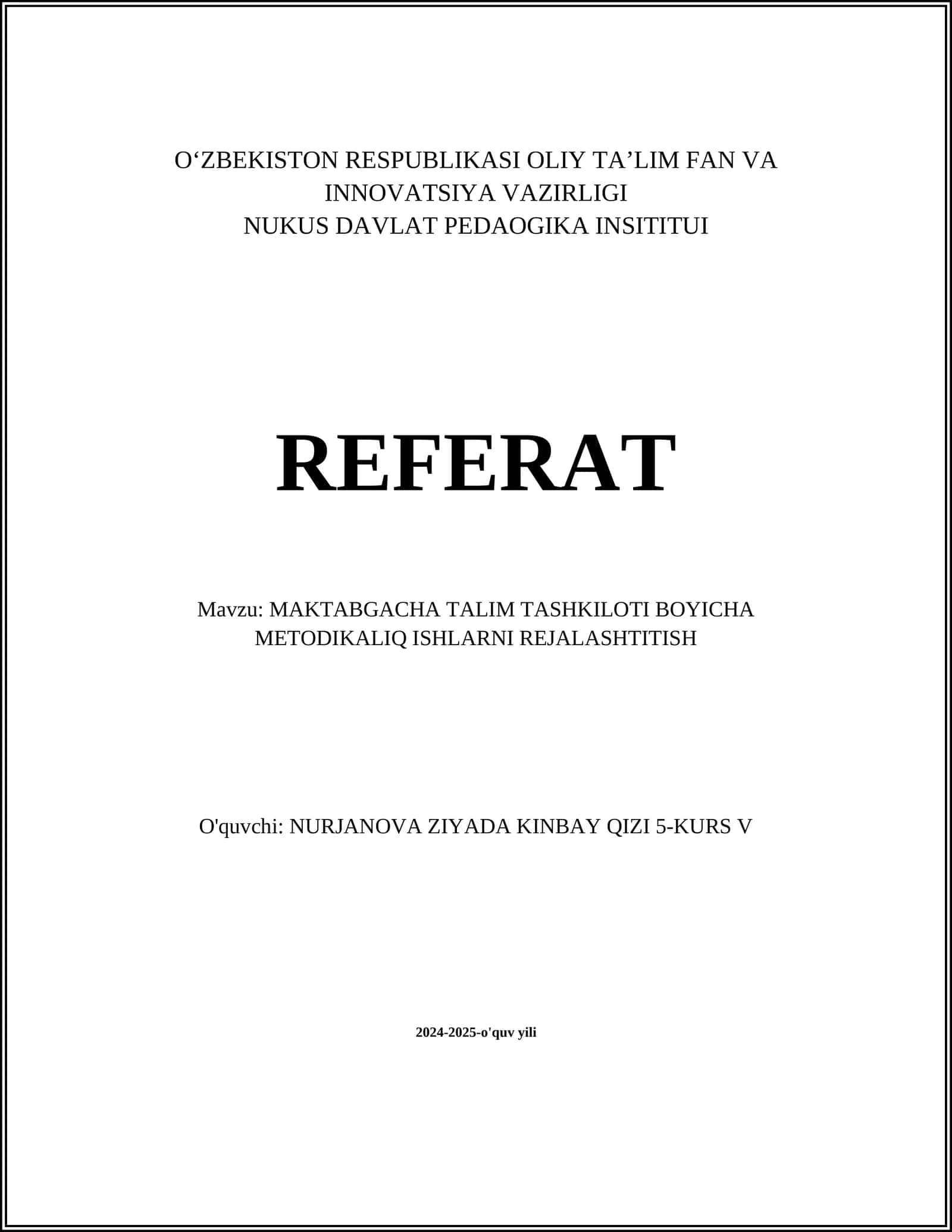 MAKTABGACHA TALIM TASHKILOTI BOYICHA METODIKALIQ ISHLARNI REJALASHTITISH