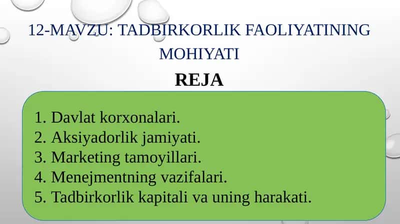 Tadbirkorlik faoliyatining mohiyati