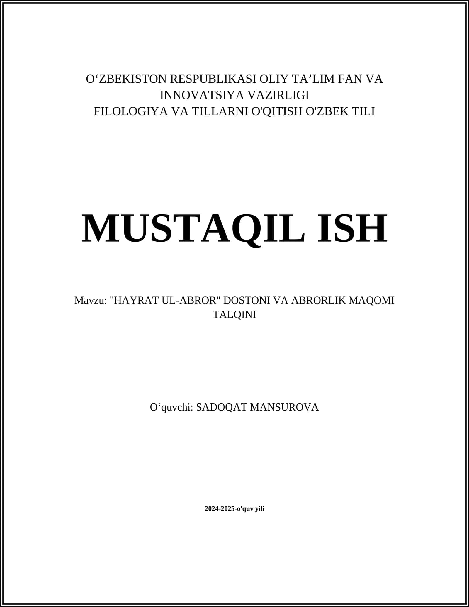 "HAYRAT UL-ABROR" DOSTONI VA ABRORLIK MAQOMI TALQINI