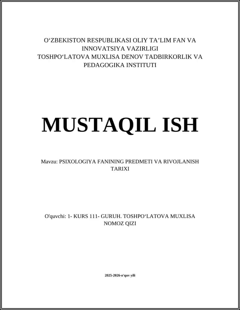 PSIXOLOGIYA FANINING PREDMETI VA RIVOJLANISH TARIXI