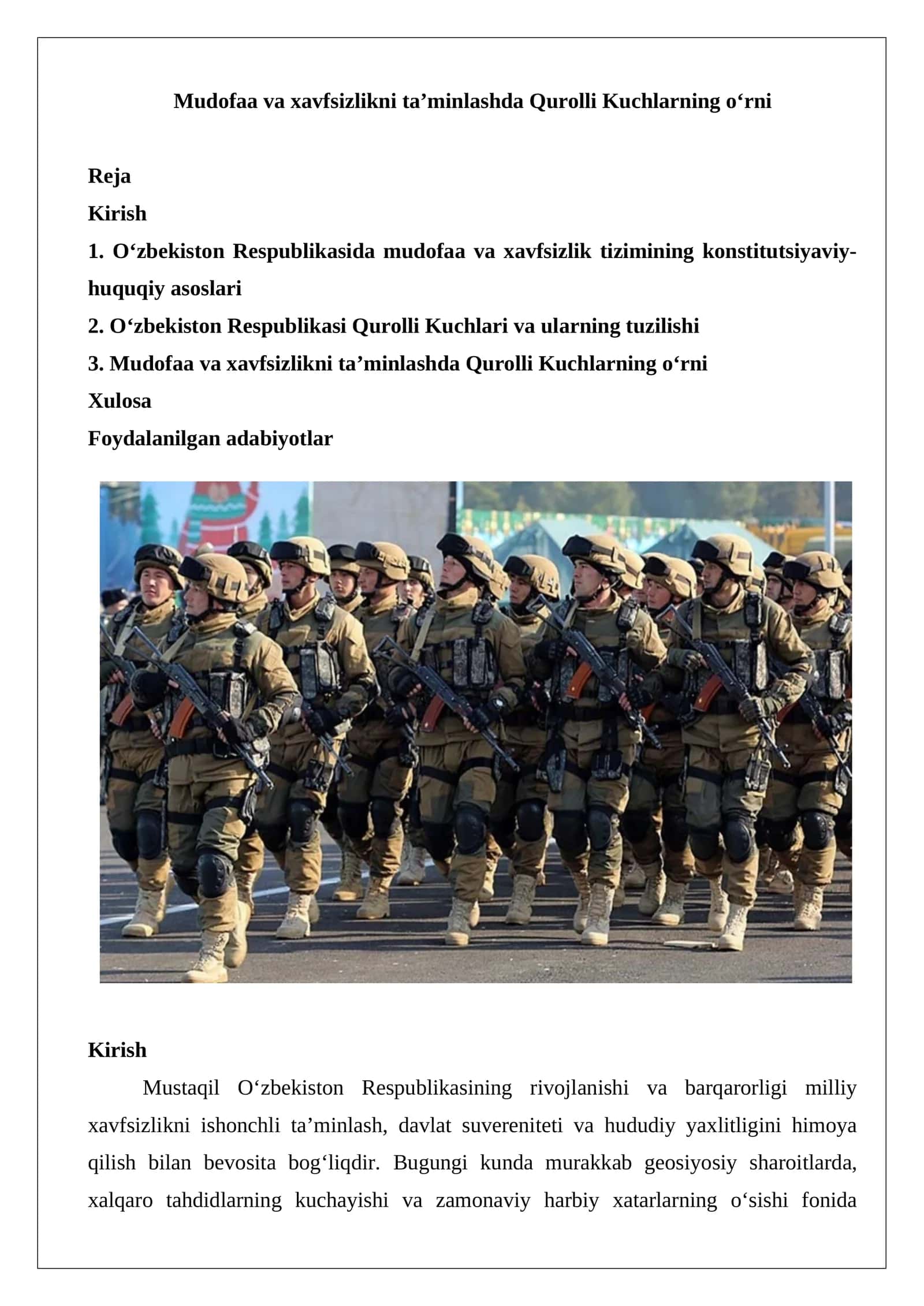 Mudofaa va xavfsizlikni ta’minlashda Qurolli Kuchlarning o‘rni