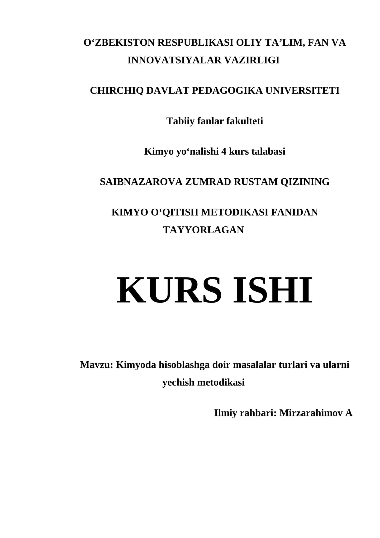 KIMYO OʻQITISH METODIKASI FANIDAN TAYYORLAGAN KURS ISHI