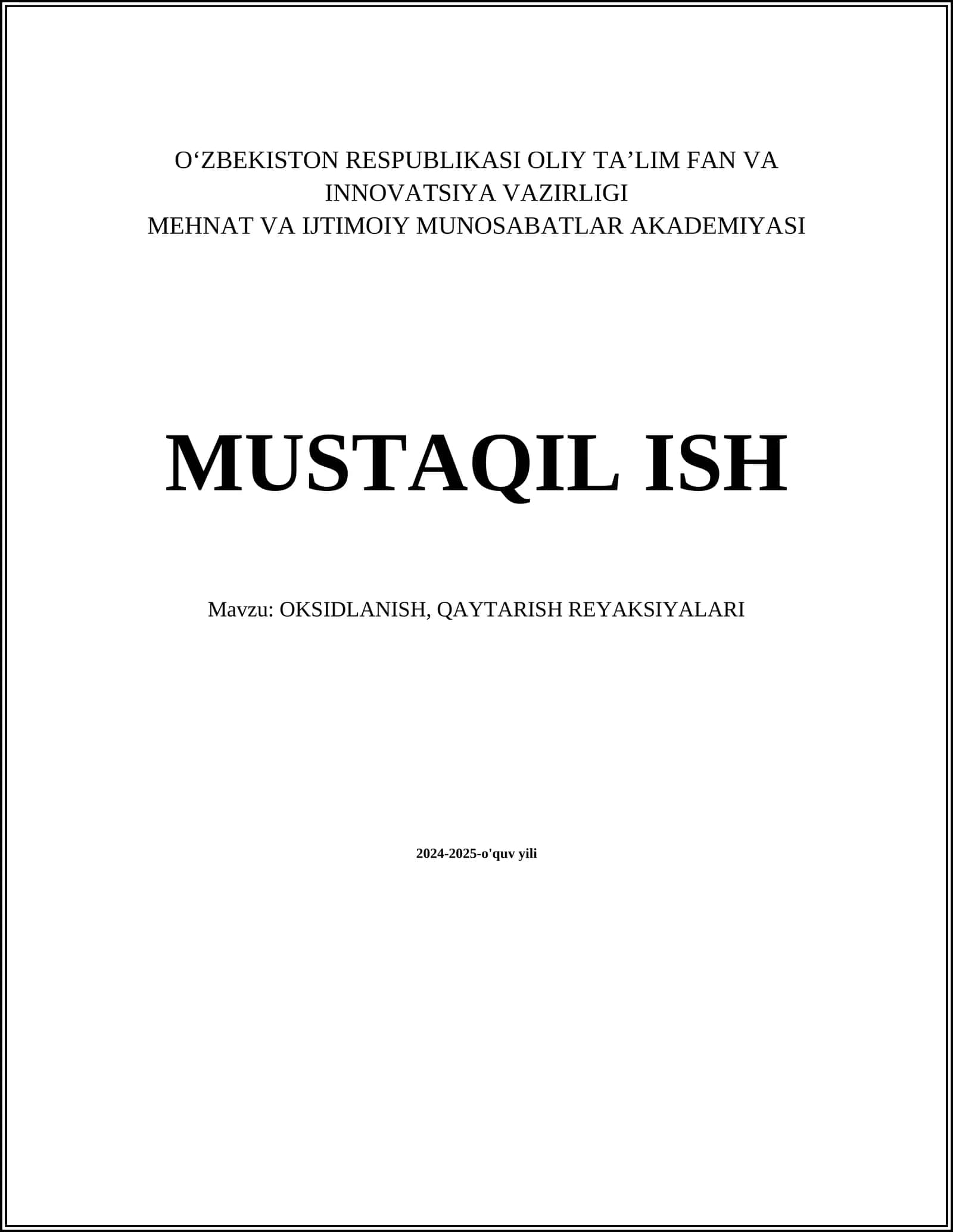 OKSIDLANISH, QAYTARISH REYAKSIYALARI