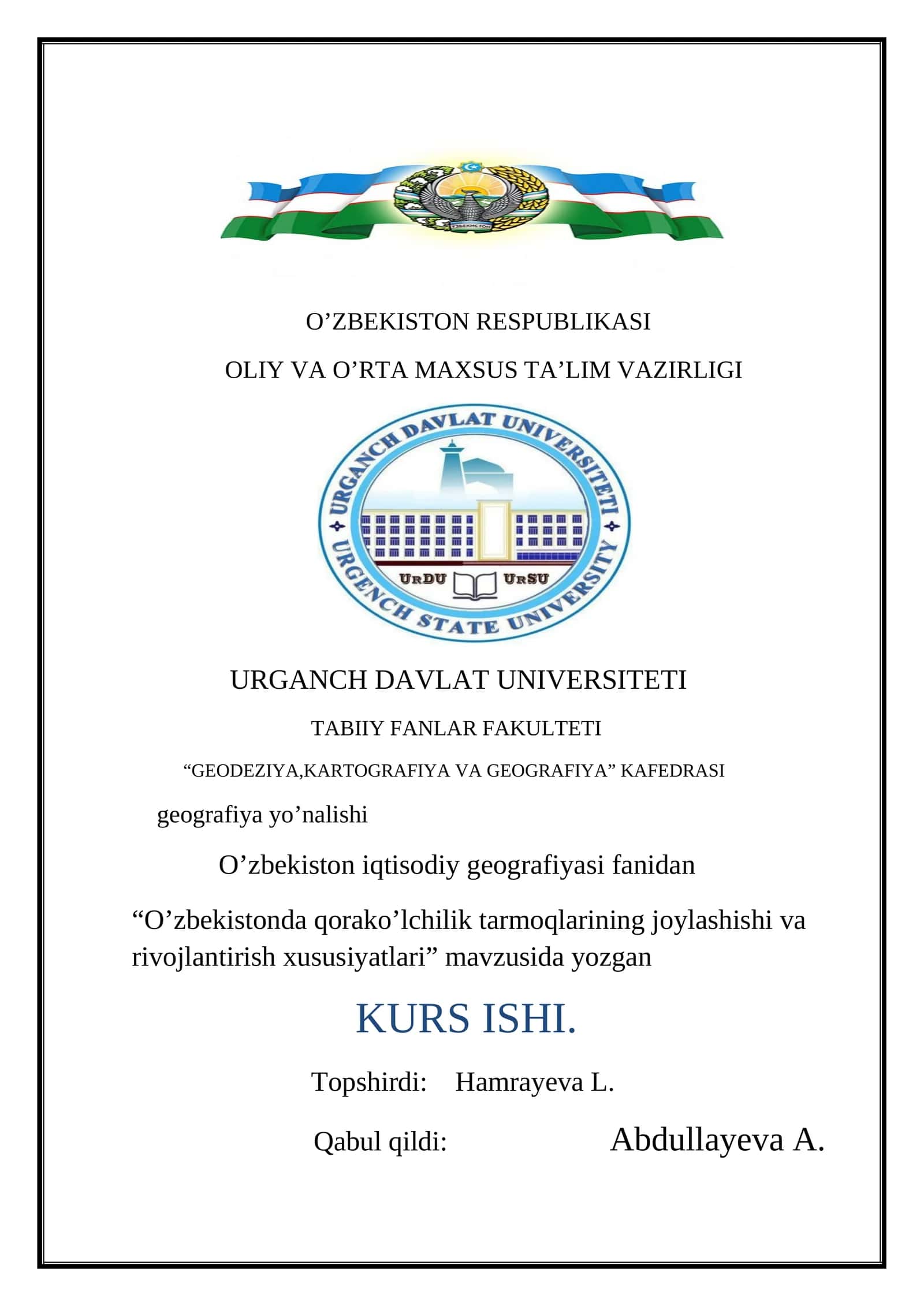 O’zbekistonda qorako’lchilik tarmoqlarining joylashishi va rivojlantirish xususiyatlari