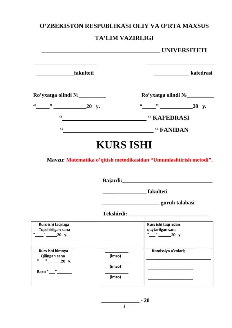 Matematika o’qitish metodikasidan “Umumlashtirish metodi”
