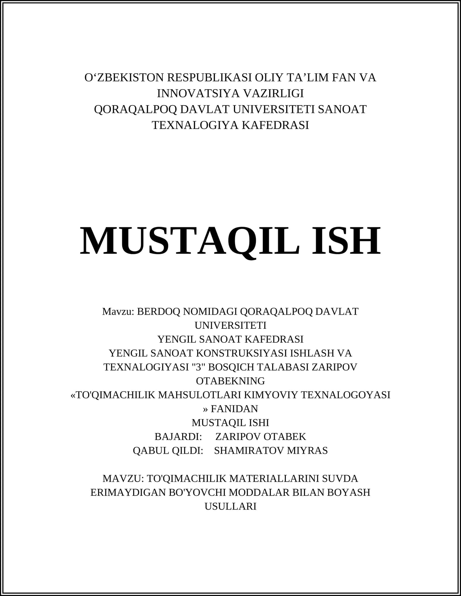 TO'QIMACHILIK MATERIALLARINI SUVDA ERIMAYDIGAN BO'YOVCHI MODDALAR BILAN BOYASH USULLARI