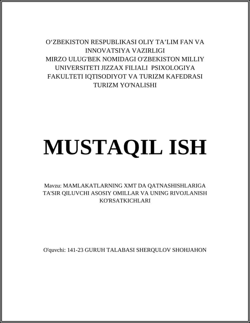 MAMLAKATLARNING XMT DA QATNASHISHLARIGA TA'SIR QILUVCHI ASOSIY OMILLAR VA UNING RIVOJLANISH KO'RSATKICHLARI