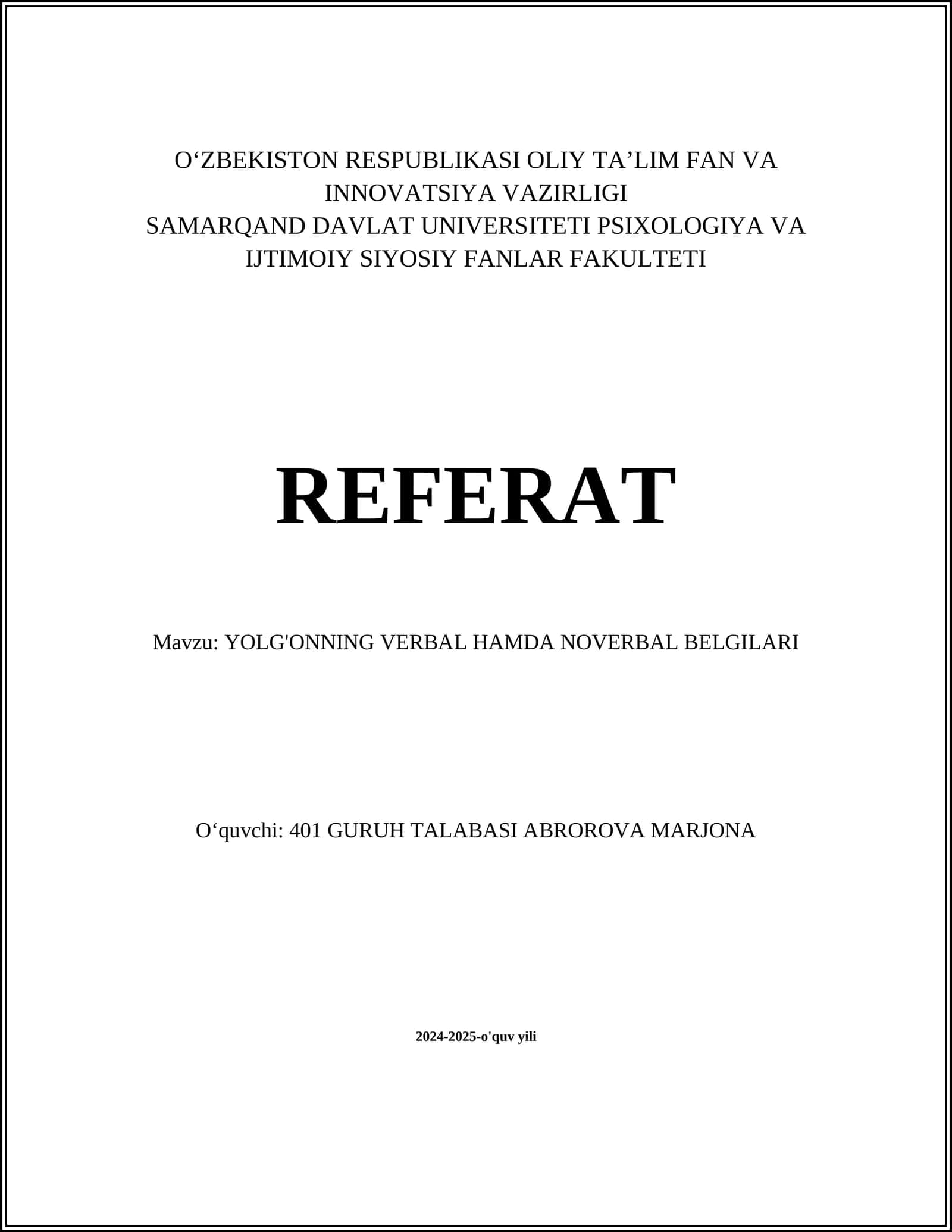 YOLG'ONNING VERBAL HAMDA NOVERBAL BELGILARI