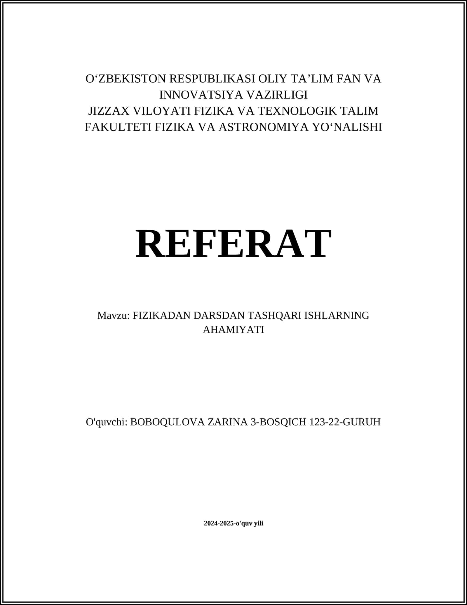 FIZIKADAN DARSDAN TASHQARI ISHLARNING AHAMIYATI