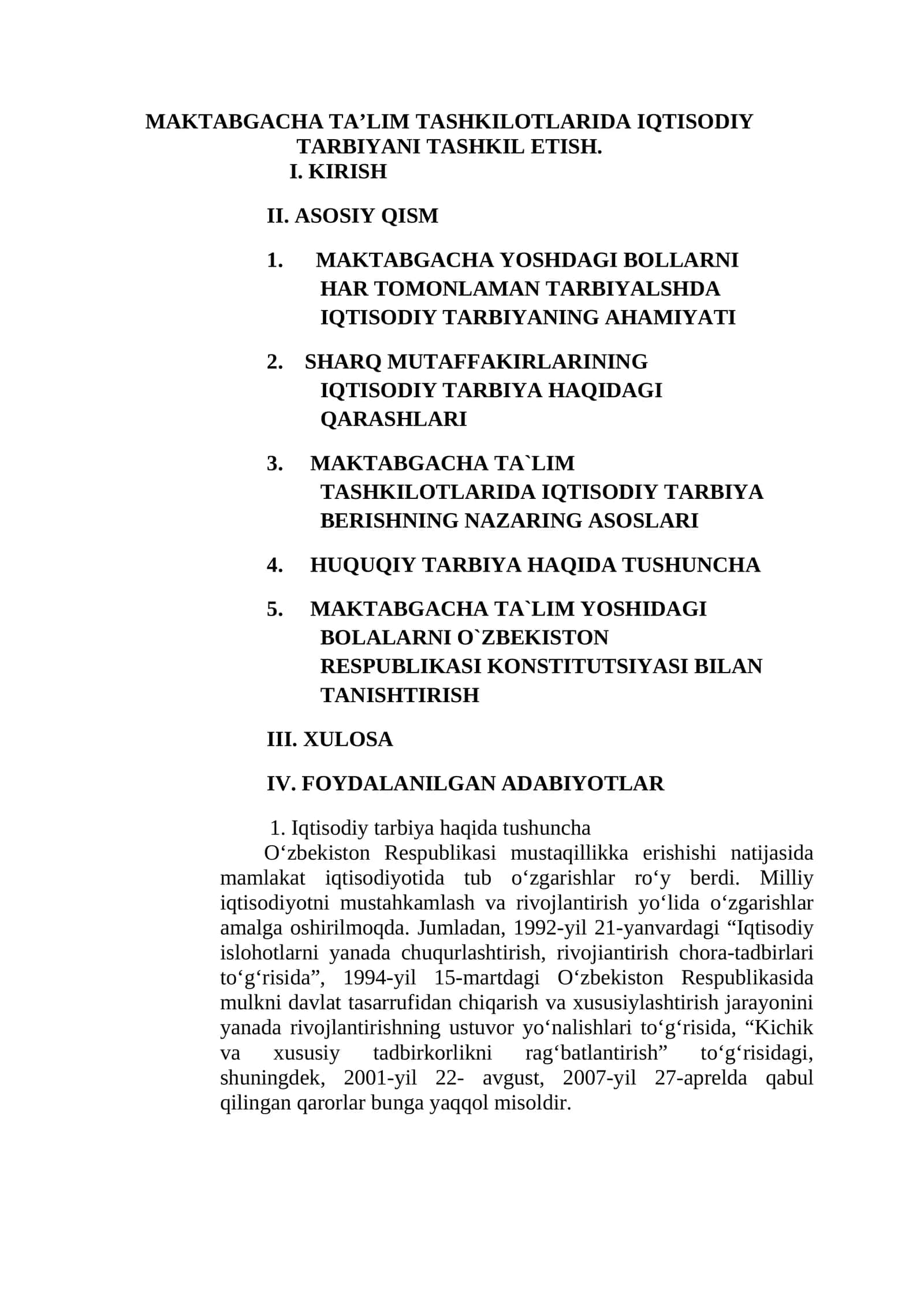 MAKTABGACHA TA’LIM TASHKILOTLARIDA IQTISODIY TARBIYANI TASHKIL ETISH