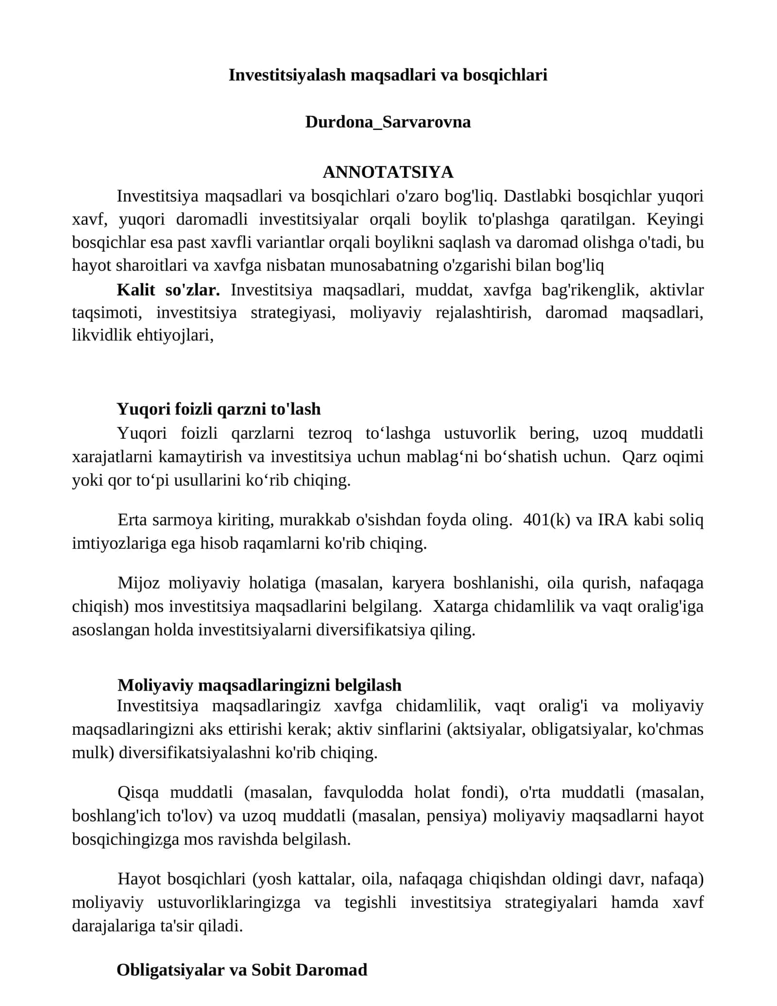 Investitsiyalash maqsadlari va bosqichlari
