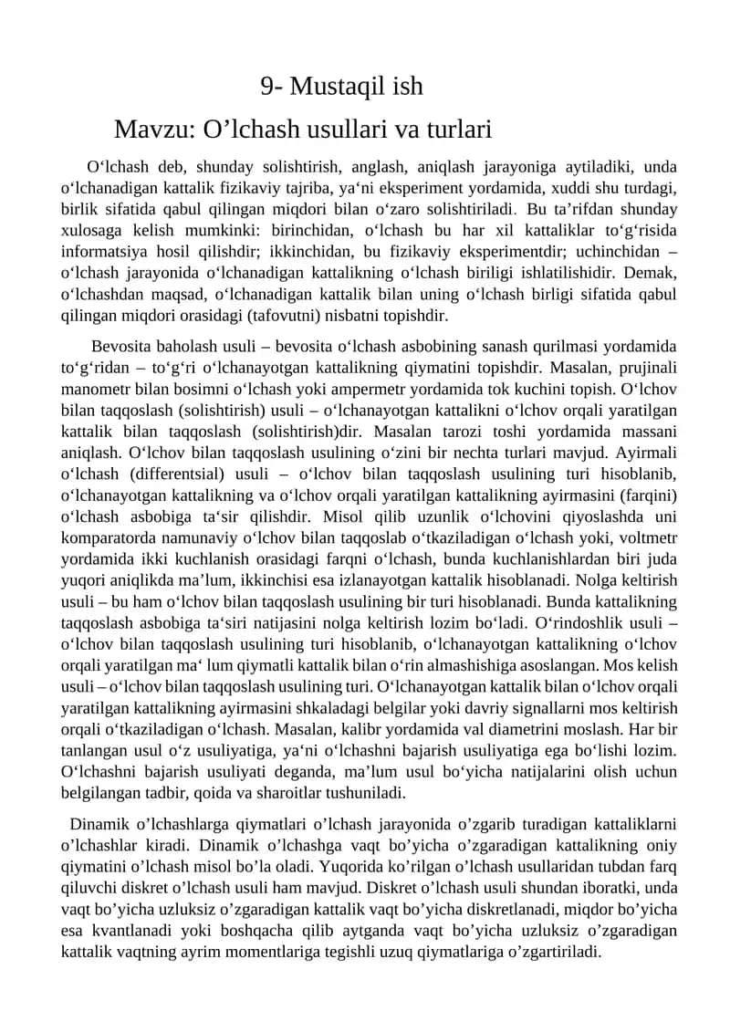 O’lchash usullari va turlari