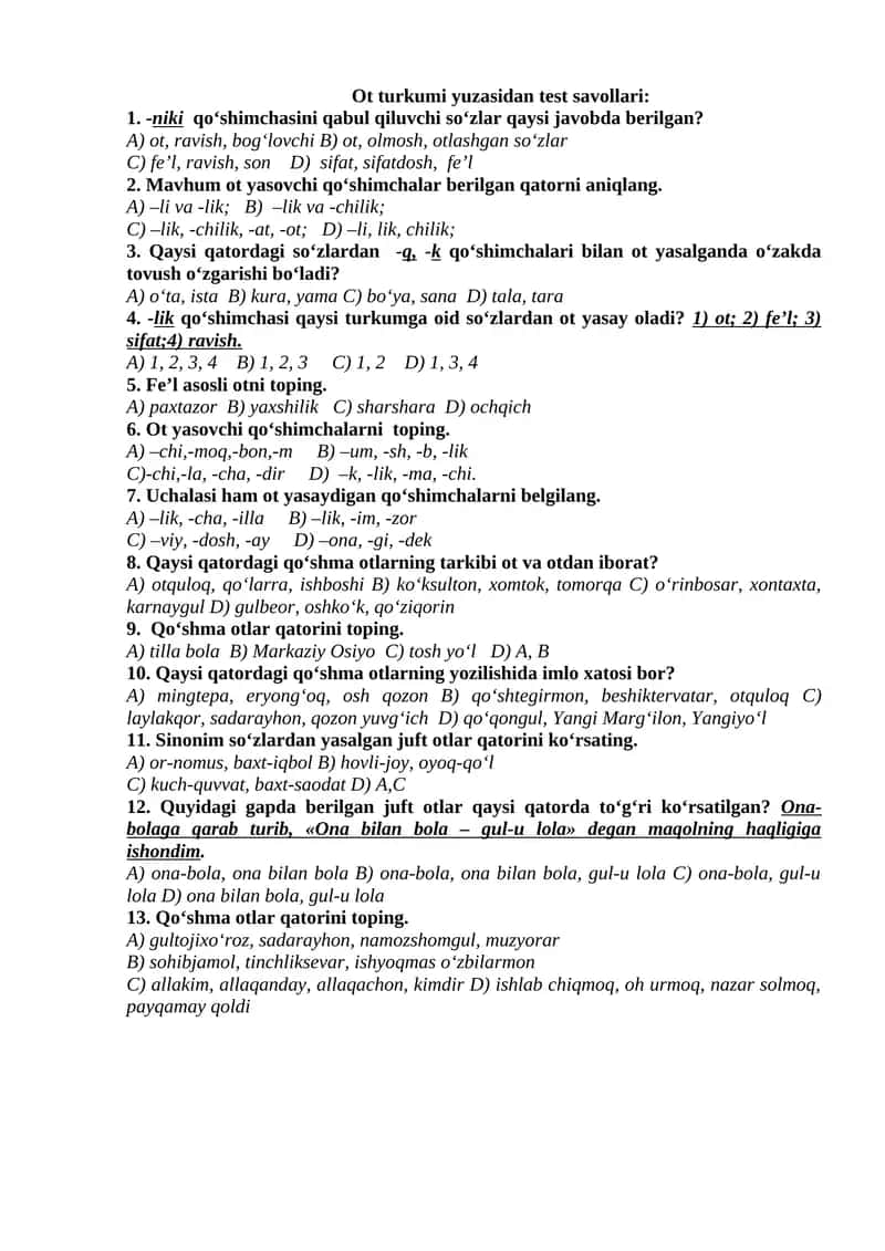 Ot turkumi yuzasidan test savollari