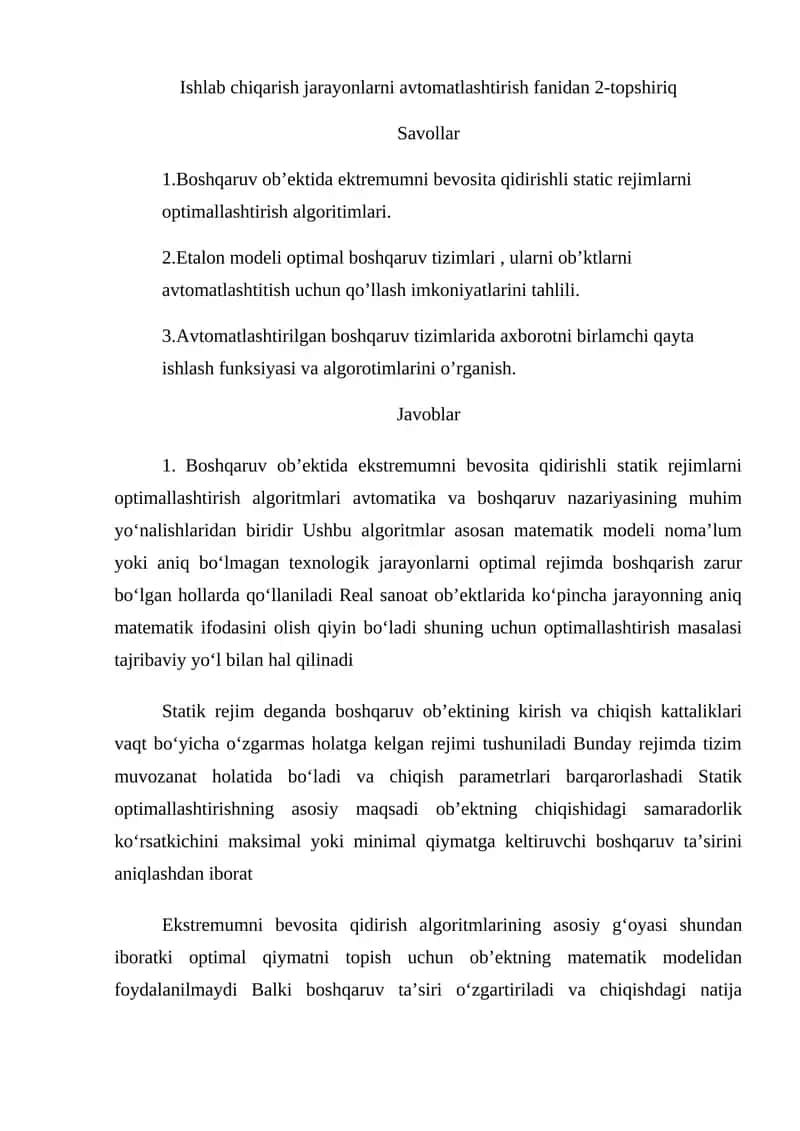 Boshqaruv ob’ektida ektremumni bevosita qidirishli static rejimlarni optimallashtirish algoritimlari