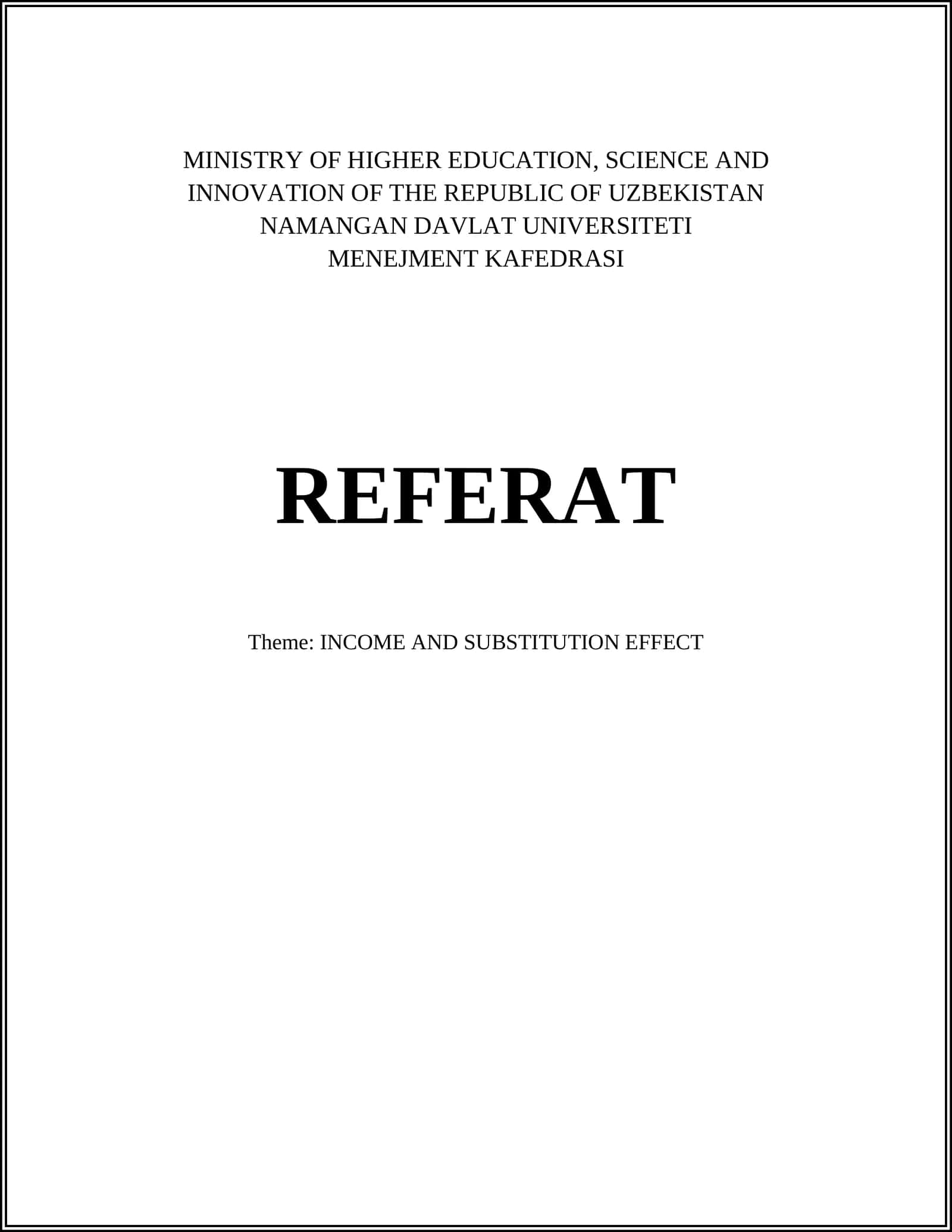 REFERAT Theme: INCOME AND SUBSTITUTION EFFECT