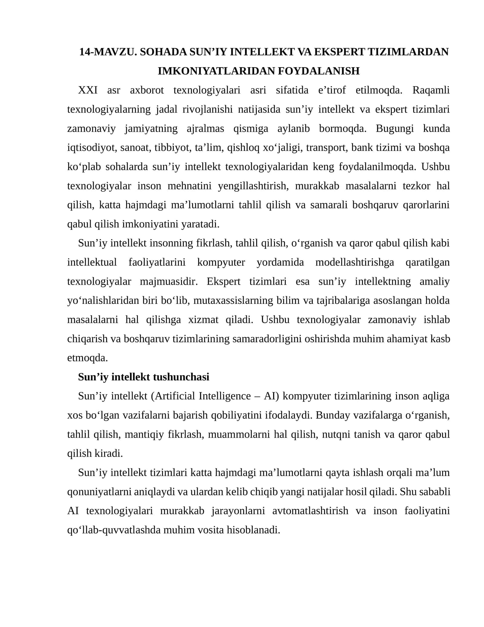 SOHADA SUN’IY INTELLEKT VA EKSPERT TIZIMLARDAN IMKONIYATLARIDAN FOYDALANISH