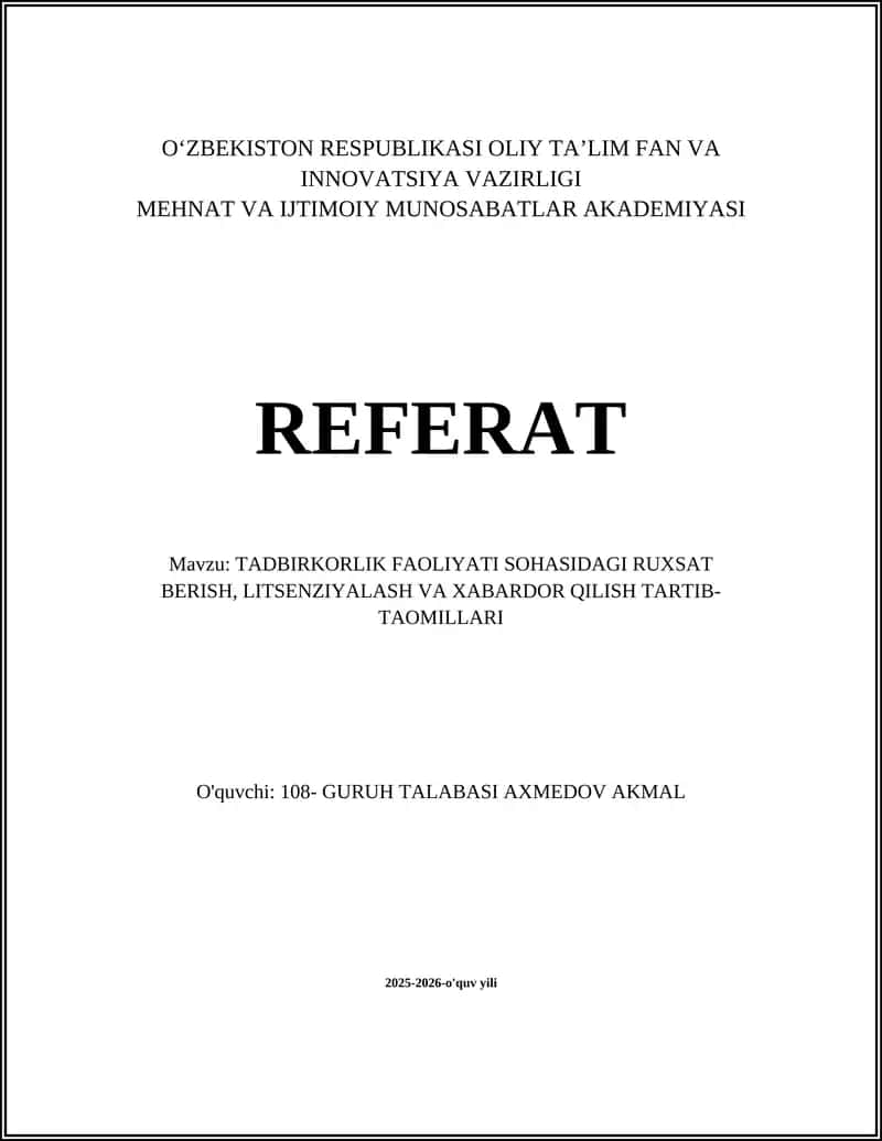 Ruxsat berish va litsenziyalashning huquqiy asoslari