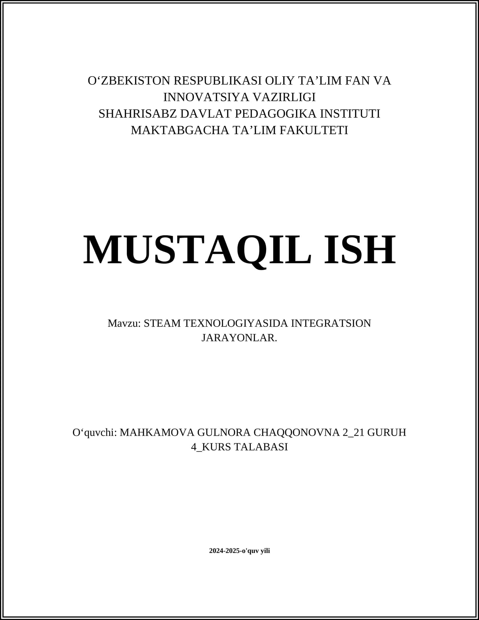 STEAM TEXNOLOGIYASIDA INTEGRATSION JARAYONLAR