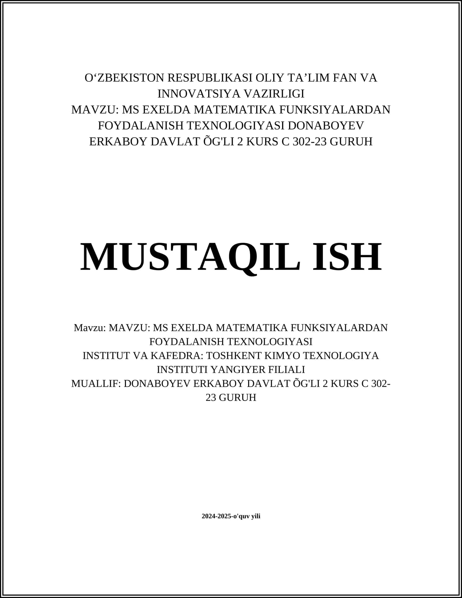 MS EXELDA MATEMATIKA FUNKSIYALARDAN FOYDALANISH TEXNOLOGIYASI