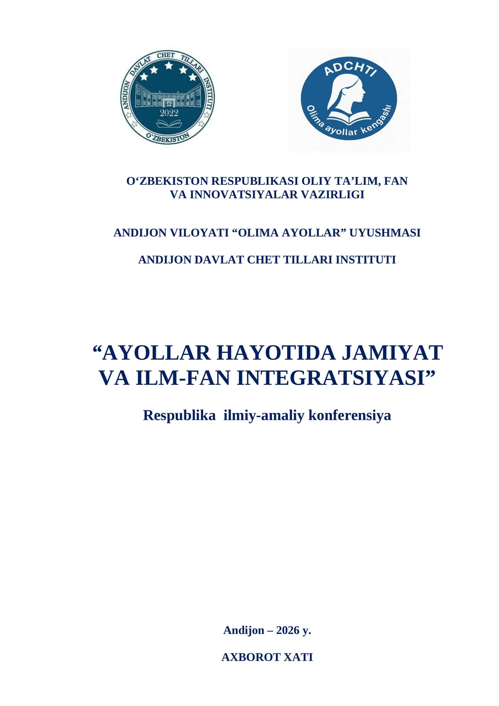 “AYOLLAR HAYOTIDA JAMIYAT VA ILM-FAN INTEGRATSIYASI” Respublika ilmiy-amaliy konferensiya