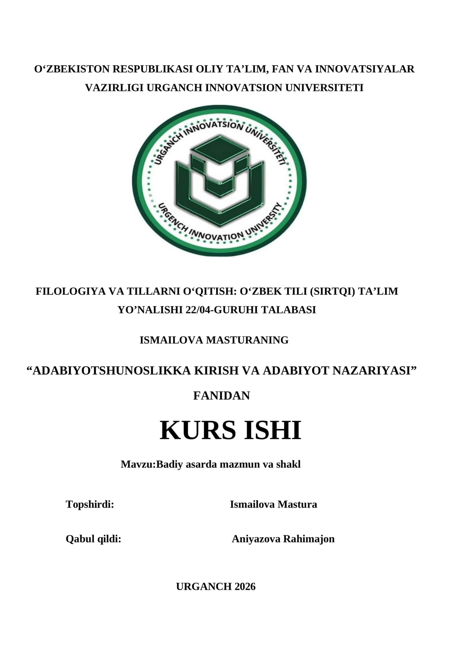 Badiy asarda mazmun va shakl