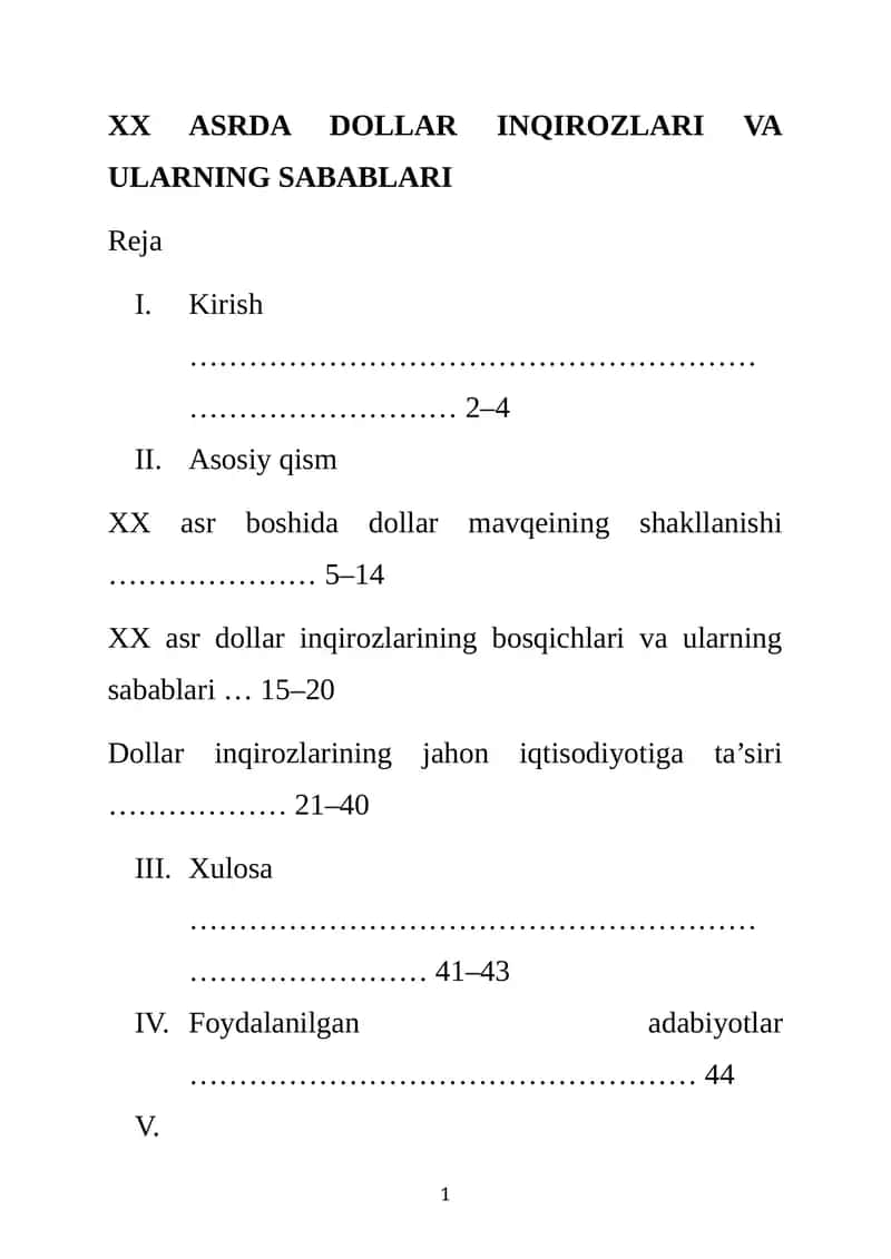 XX ASRDA DOLLAR INQIROZLARI VA ULARNING SABABLARI