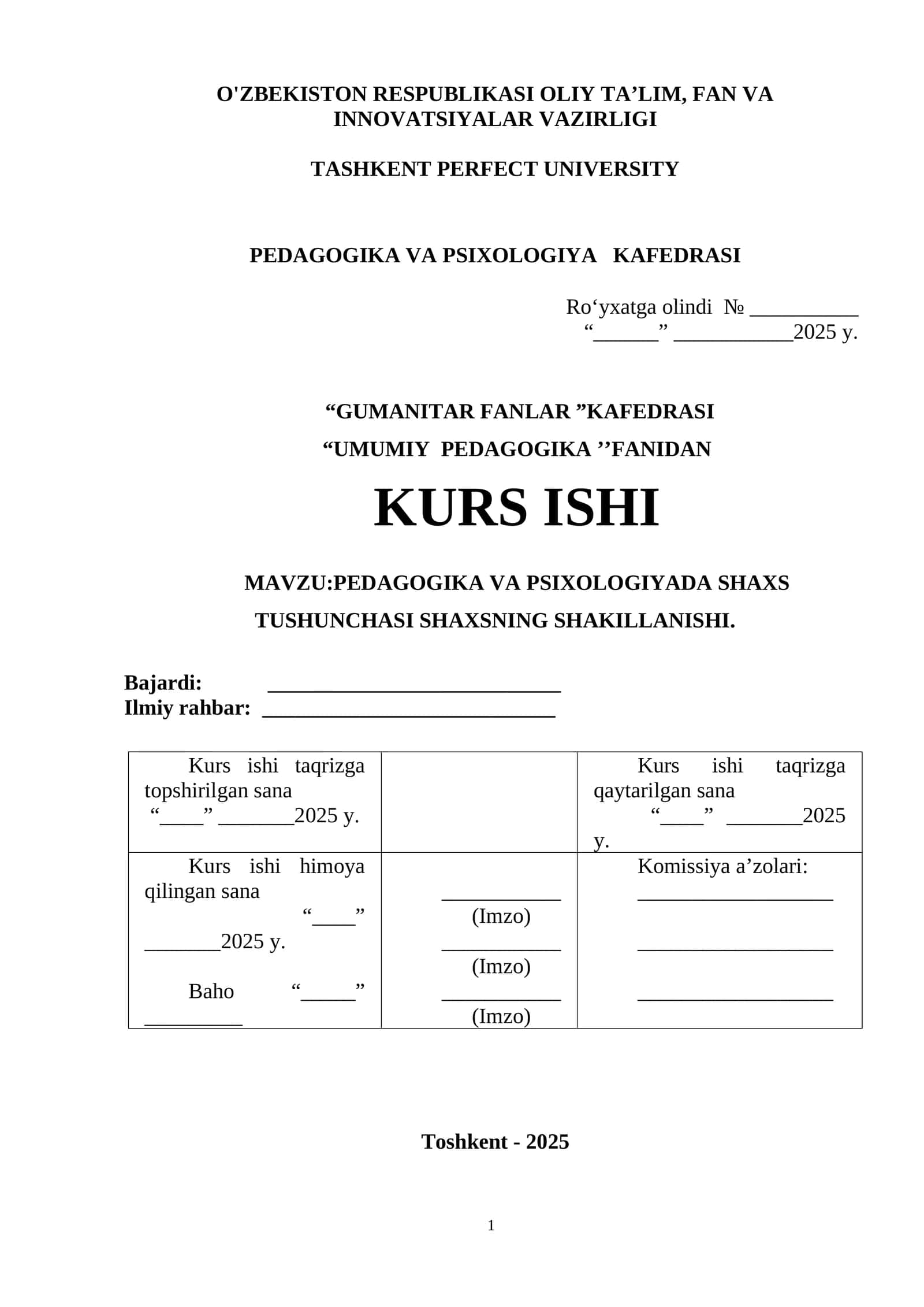 KURS ISHI: PEDAGOGIKA VA PSIXOLOGIYADA SHAXS TUSHUNCHASI SHAXSNING SHAKILLANISHI