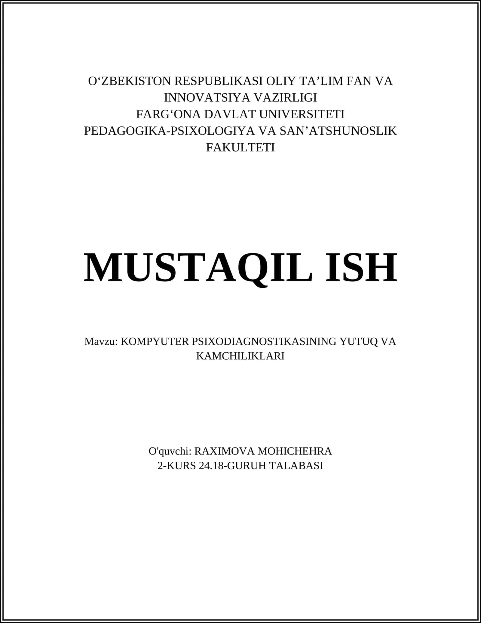KOMPYUTER PSIXODIAGNOSTIKASINING YUTUQ VA KAMCHILIKLARI