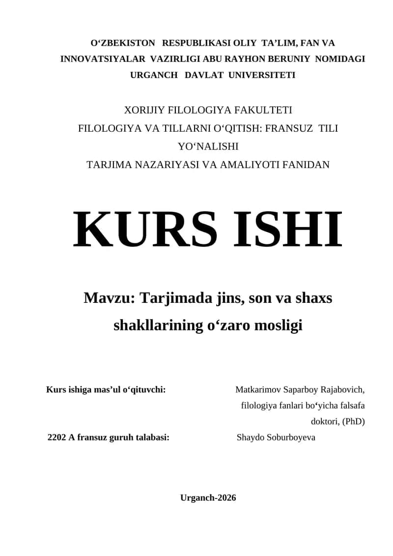 TARJIMADA JINS, SON VA SHAXS SHAKLLARINING O‘ZARO MOSLIGI