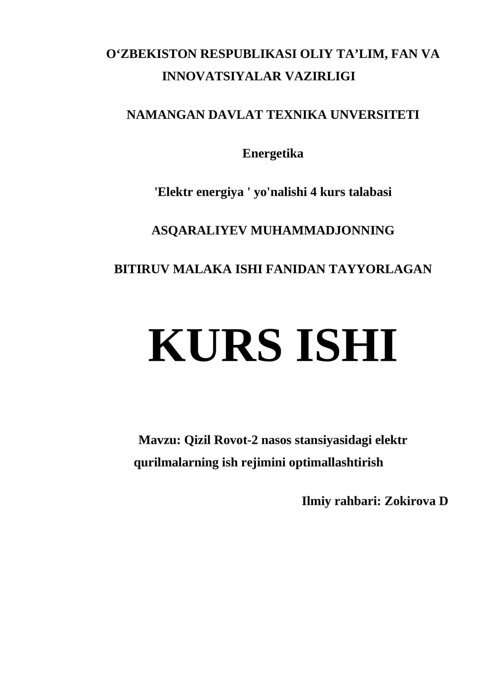 Qizil Rovot-2 nasos stansiyasidagi elektr qurilmalarning ish rejimini optimallashtirish