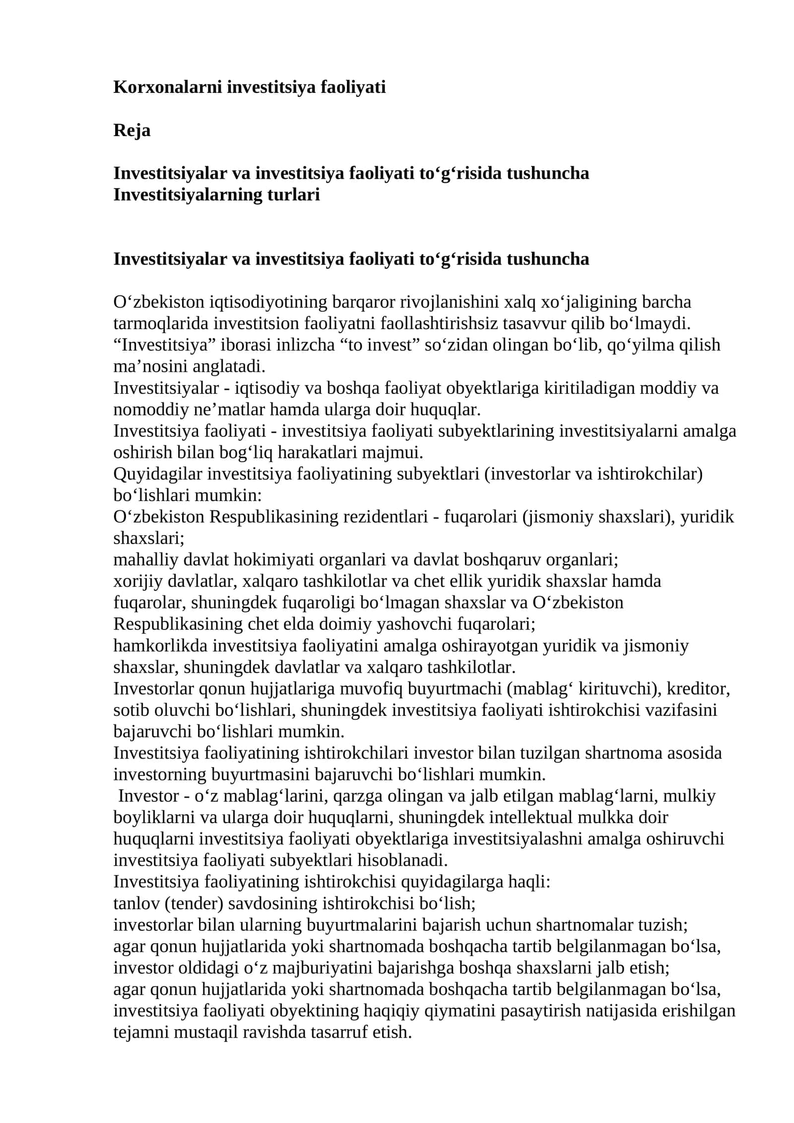 Investitsiyalar va investitsiya faoliyati to‘g‘risida tushuncha