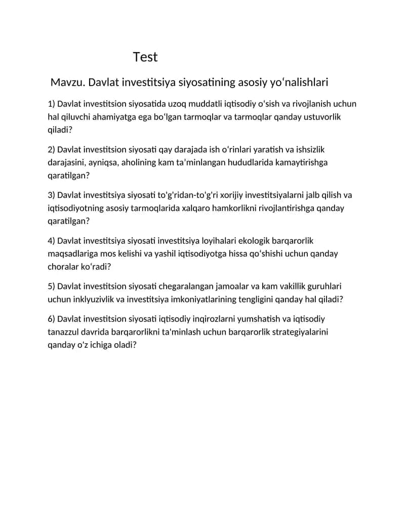 Davlat investitsiya siyosatining asosiy yo‘nalishlari