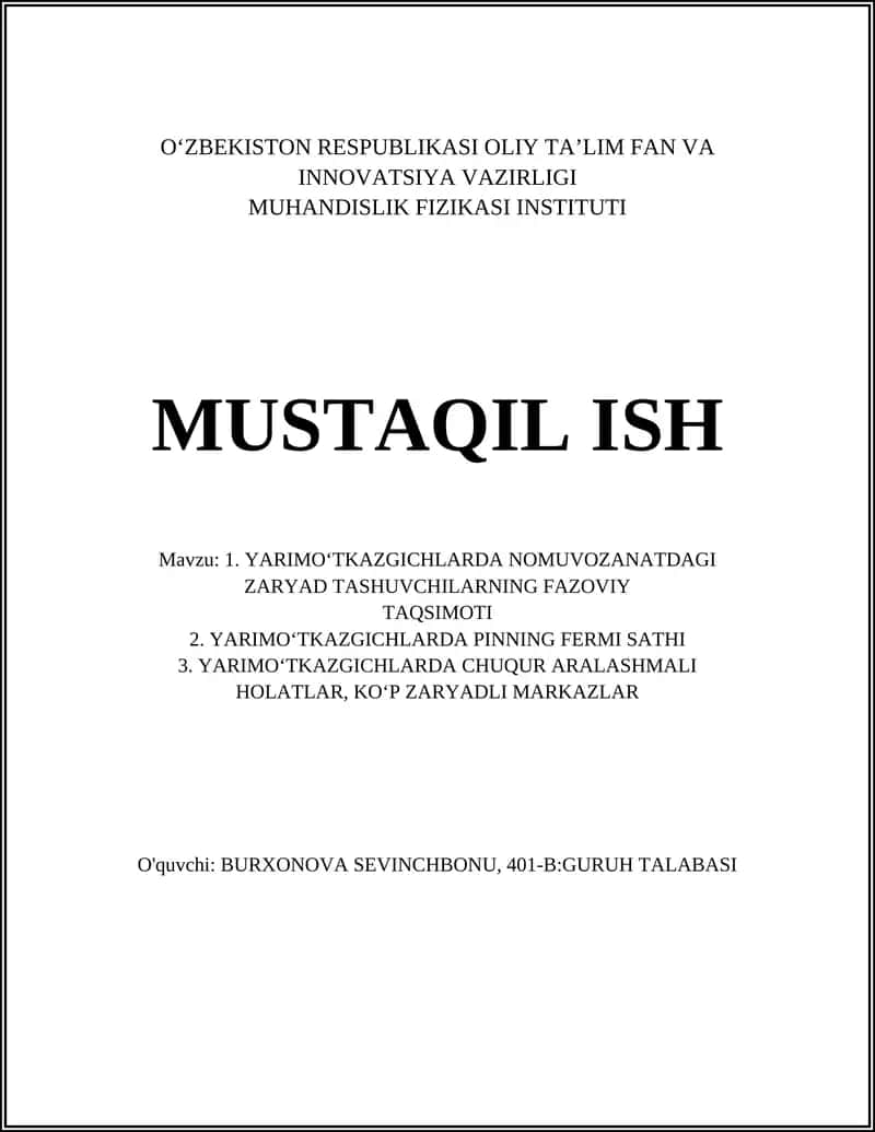 MUHANDISLIK FIZIKASI INSTITUTI MUSTAQIL ISH