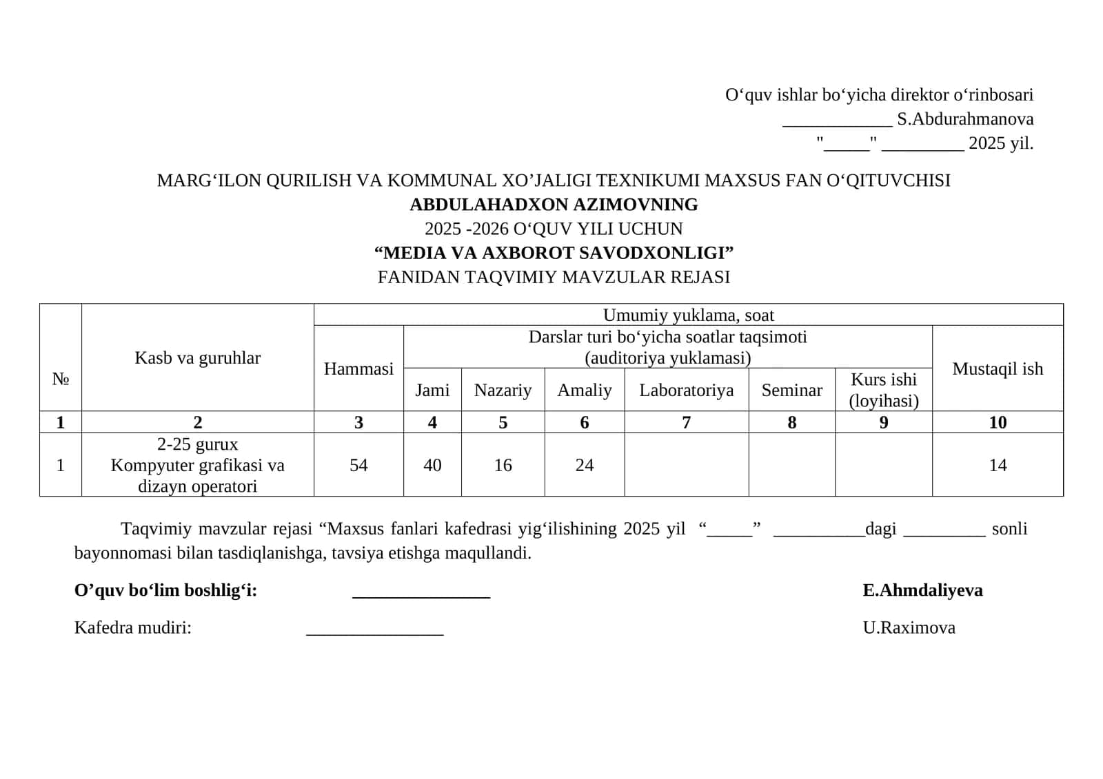 Media va axborot savodxonligi fanining taqvimiy mavzular rejasi