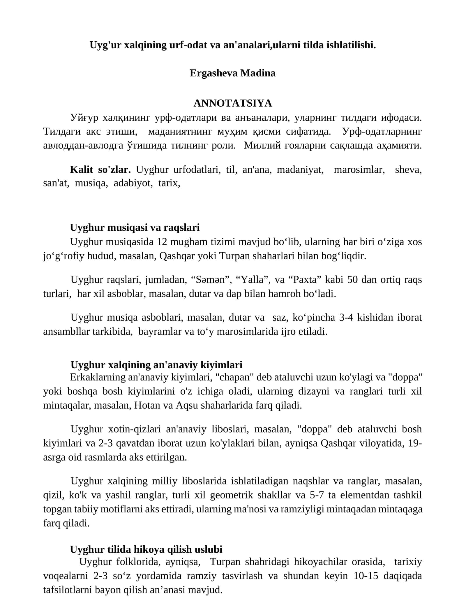 Uyg'ur xalqining urf-odat va an'analari,ularni tilda ishlatilishi